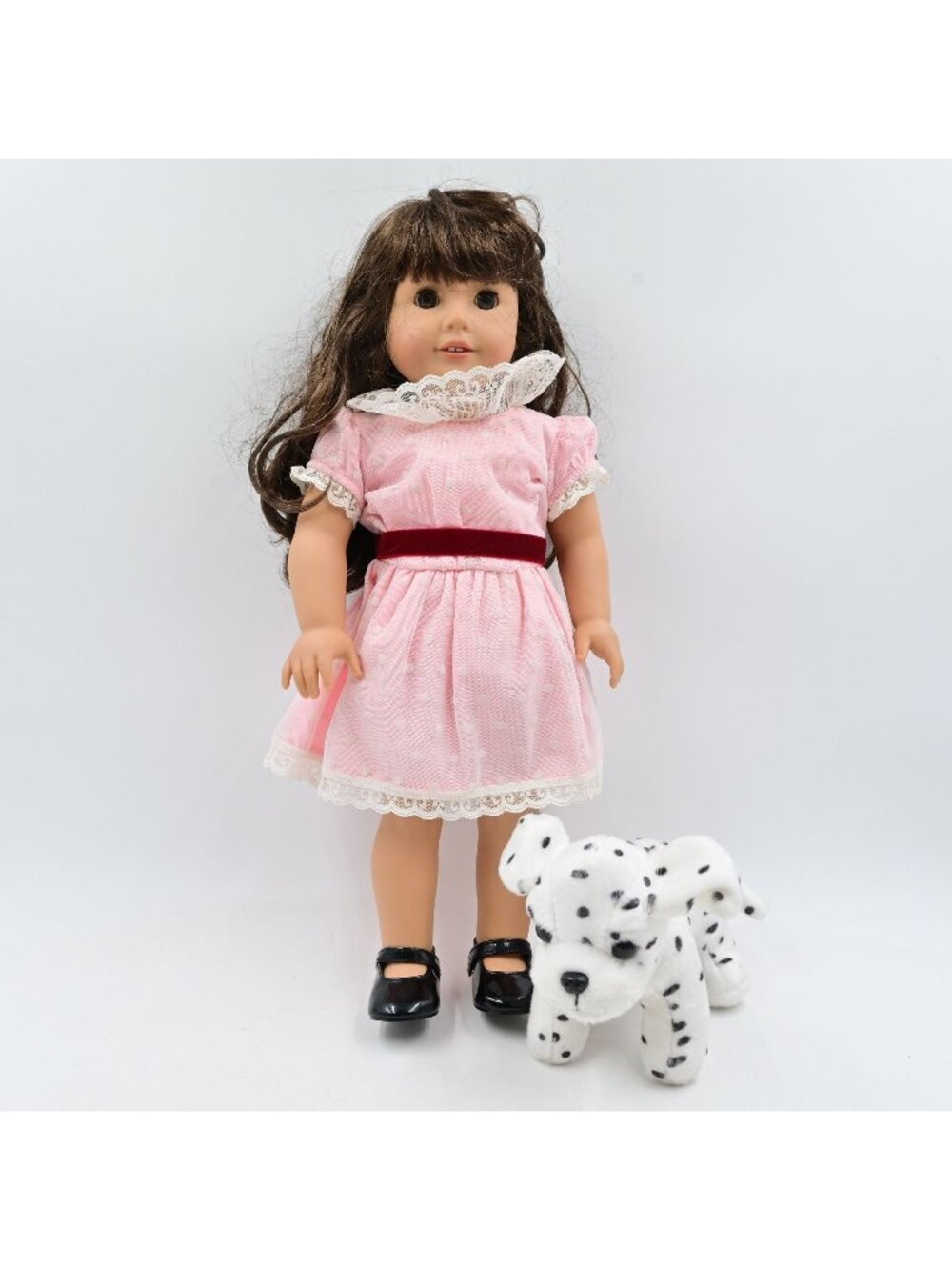 American Girl Samantha BeForever 18" Doll Pink Frilly Frock Dress Plush Dog